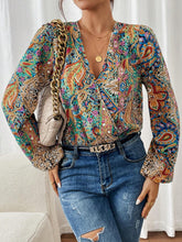 Women's V-Neck Lantern Sleeve Casual Loose Bodysuit With Paisley Print, Vacation